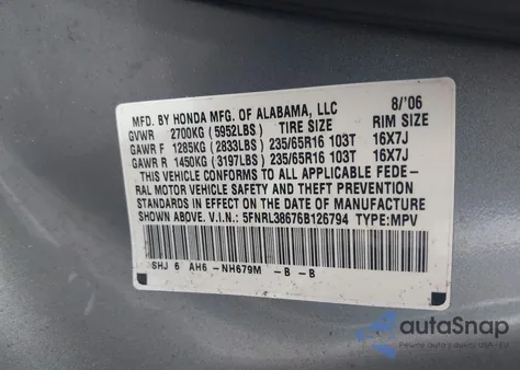 2006 Honda Odyssey Ex-L z USA, uszkodzony, nr VIN 5FNRL38676B126794